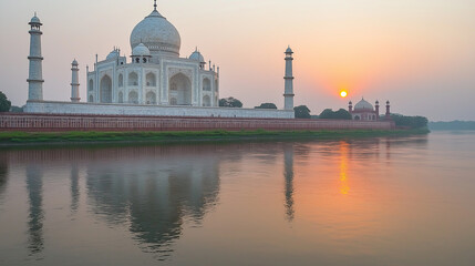 Fototapeta premium Taj Mahal at Sunrise with Reflection on Calm River Surface.