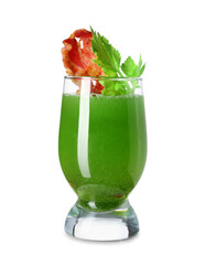 Glass of green bloody mary cocktail with bacon and celery on white background