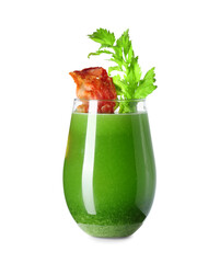 Glass of green bloody mary cocktail with celery and bacon on white background