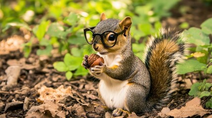 a squirrel wearing glasses, holding a nut and studying its surroundings  © Marvin