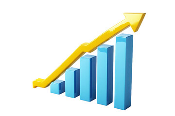 3D graph with ascending blue bars and yellow upward arrow symbolizing business growth and economic progress