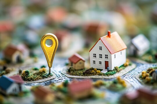 Golden pin points to a white house in a miniature neighborhood with houses of various colors