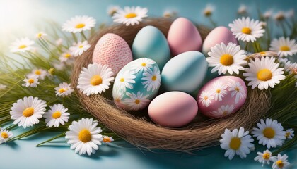 Fototapeta premium springtime easter elegance pastel decorated eggs nestled among fresh daisies