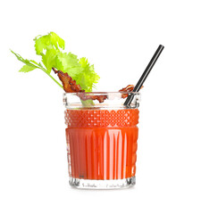 Glass of bloody mary cocktail with bacon and celery on white background