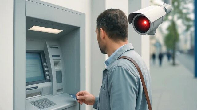 Adult male using automated teller machine while security camera with red indicator light observes transaction in urban environment