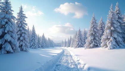 Obraz premium Winter wonderland with snowy trees, white snow, and fresh footprints. Pathway through snow covered forest. Calm, serene, peaceful winter scenery. Blue sky, sunlight, cold weather, frosty landscape.