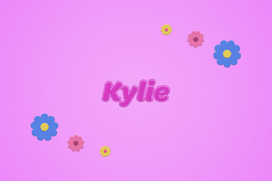 Kylie female girl name illustration in pink with blossoms, flowers