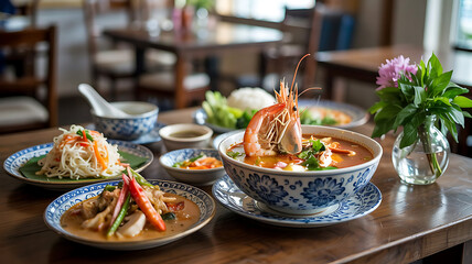 Seafood shrimp soup with vegetable on the table