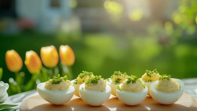 Deviled Eggs on Wooden Board