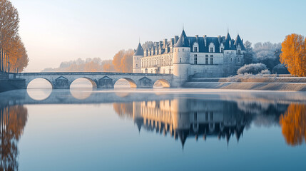 Fototapeta premium Elegant French Chateau Reflected in River on Calm Morning.