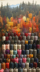 Fototapeta premium Vivid rows of colorful thread spools complement a painted autumn forest backdrop creating an artful display with a harm