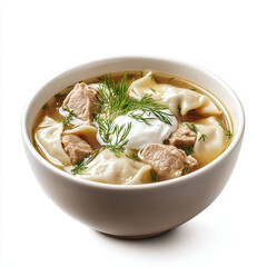 A bowl of traditional Russian Pelmeni dumplings filled with meat, served with sour cream and fresh dill. High-end food styling, rich details, isolated on white background