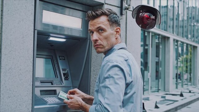 Adult male using automated teller machine, viewed from behind, with red security camera monitoring transaction in urban glass-fronted environment