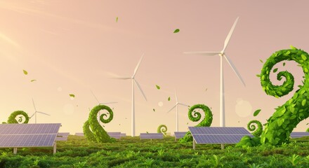 Green spirals adorned with vibrant foliage in a renewable energy landscape conveying a sense of harmony and sustainability with solar panels and wind turbines under a soft sunset glow