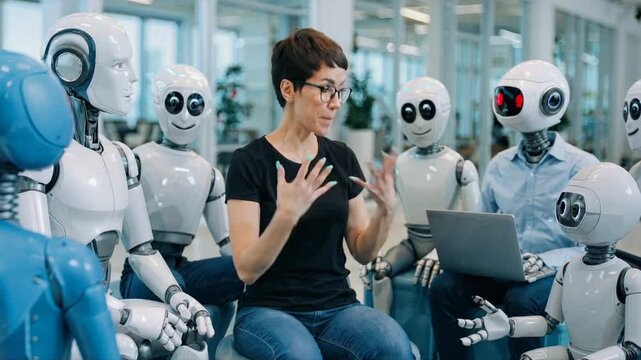 Female professional conducting interactive session with multiple humanoid robots in modern technological workspace, demonstrating communication and engagement strategies