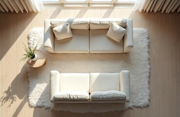 Top view of modern living room with white sofa, armchairs. Fluffy rug, natural sunlight create cozy home atmosphere. Minimalism, light interior design.