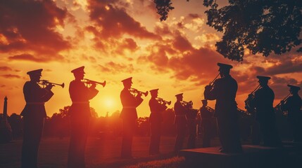 Fototapeta premium Silhouette of musicians playing trumpets during a beautiful sunset display