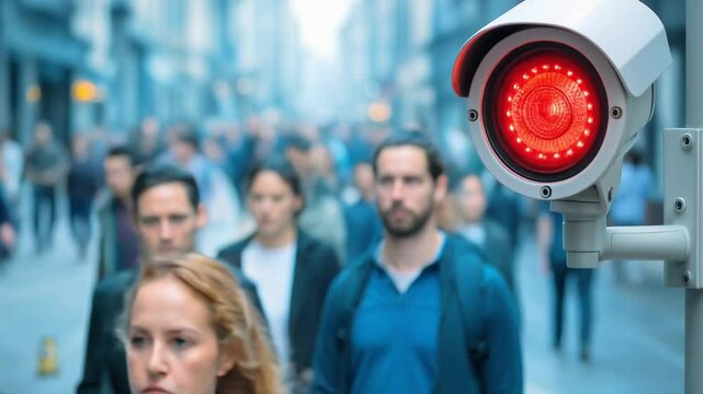 Security camera monitoring crowd with facial recognition technology in urban environment, highlighting technological surveillance and privacy concerns