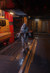 Future Soldier on Spaceship or Space Station Deck Patrol, 3d digitally rendered science fiction illustration