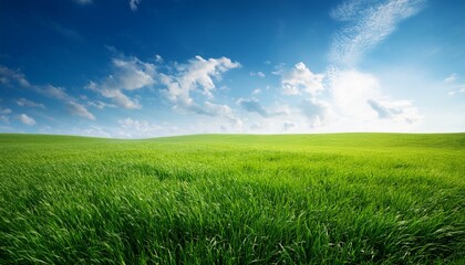 Fototapeta premium lush green grass field under soft blue sky and gentle breeze