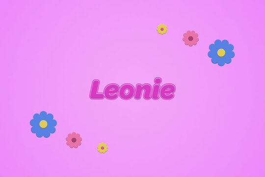 Leonie female girl name illustration in pink with blossoms, flowers