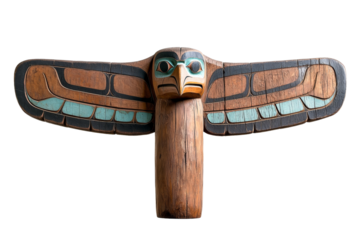 Wooden eagle statue with blue eyes and a black beak