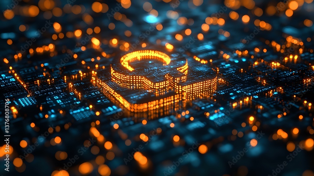 Poster glowing orange microprocessor on circuit board with bokeh light effects against dark background, fut