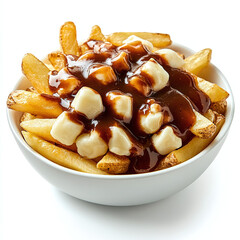 A serving of Canadian poutine with crispy golden fries, cheese curds, and rich brown gravy. Macro photography, melting textures, professional food styling, isolated on white background