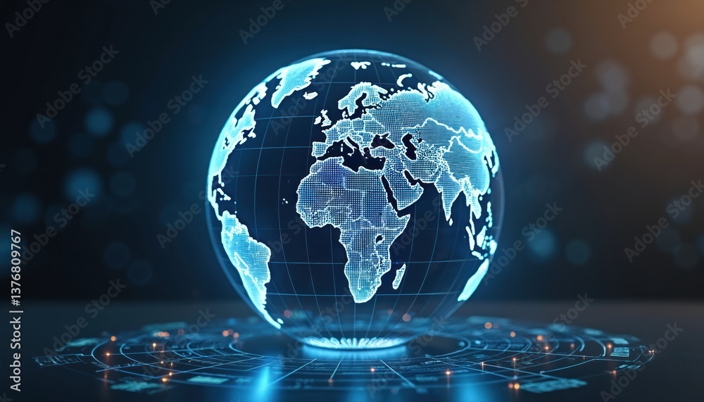 Poster holographic globe shows global news updates. digital world map, real-time data visualization. modern