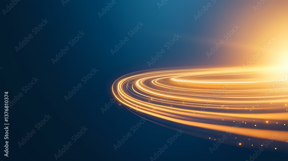 Poster glowing orange light trails curve against dark blue background creating dynamic motion effect with b