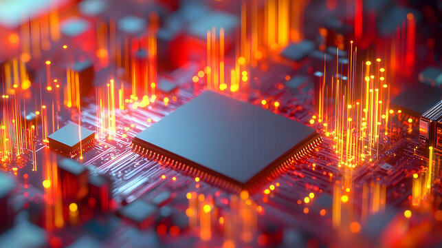 Digital circuit microchip on abstract background. Computing and technology concept. 3D Rendering - Powered by Adobe