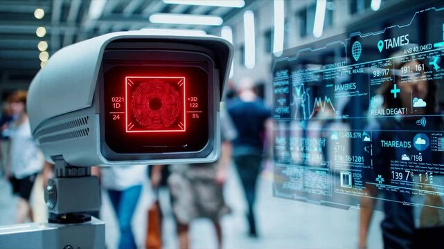 High-tech surveillance camera with red scanning interface positioned in technological environment with digital holographic data display, capturing movement and tracking metrics in real-time