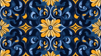 Ornate Blue and Gold Floral Tile Pattern