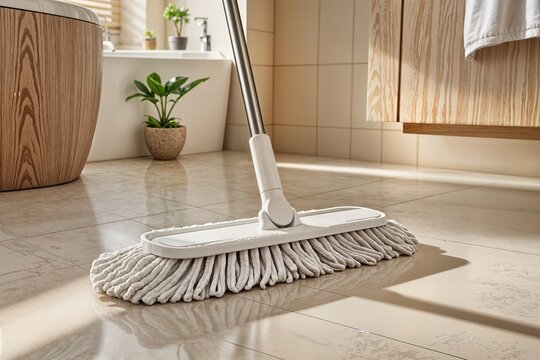 cleaning dirty floor with mop in bathroom space for text limpiar suelo sucio con fregona en ba&ntilde;o espacio para texto paspas