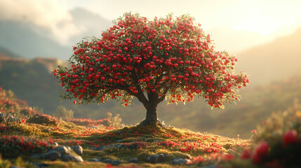 A tree of blessings with ripe fruit, symbolizing abundance, prosperity, and growth, representing a bountiful harvest and the rewards of patience and care in modern times.

