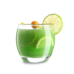 Glass of green bloody mary cocktail garnished with physalis berry and lime on white background