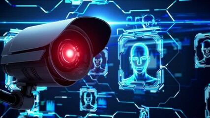 Security camera with red lens scanning multiple holographic facial profiles in technological blue network environment, demonstrating advanced identification tracking system - Powered by Adobe