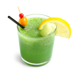 Glass of green bloody mary cocktail garnished with berries and lemon on white background