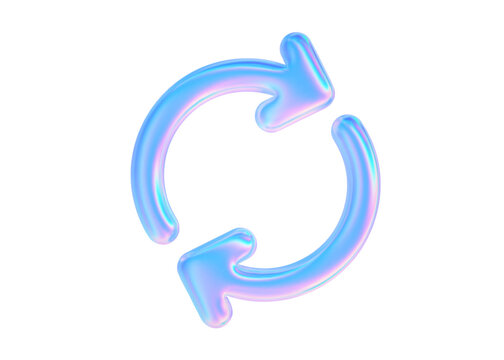 3d glass arrow icon. Update holographic symbol. Two round blue gradient arrows. Refresh, upgrade, recycle. Vector illustration for modern ui design.