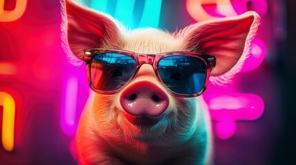 Cool pig wearing sunglasses against vibrant neon lights.