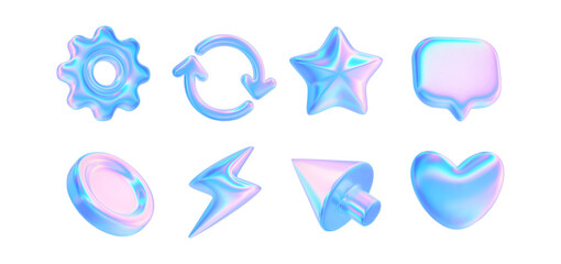3d glass element with holographic effect. Render iridescent star, coin, heart, arrow update, cursor, gear, speech bubble, thunder icon. Y2k neon shape isolates. Vector tech ui illustration