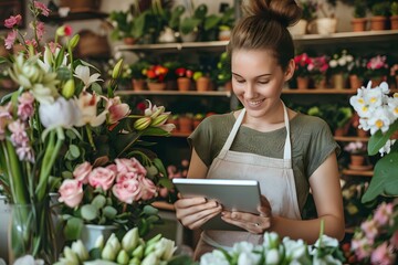 Young Caucasian female florist in apron using digital tablet while working in flower shop, surrounded by fresh blooms and potted plants on wooden shelves.