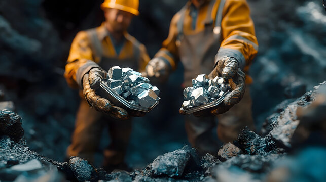 Miners are depicted holding platinum or silver or rare earth minerals found in a mine for inspection, emphasizing the discovery and evaluation process in mining