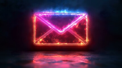 Fototapeta premium Glowing neon envelope symbol with red and blue light effects floating over reflective dark surface, modern digital communication concept for marketing designs.