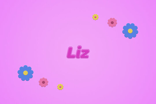 Liz female girl name illustration in pink with blossoms, flowers