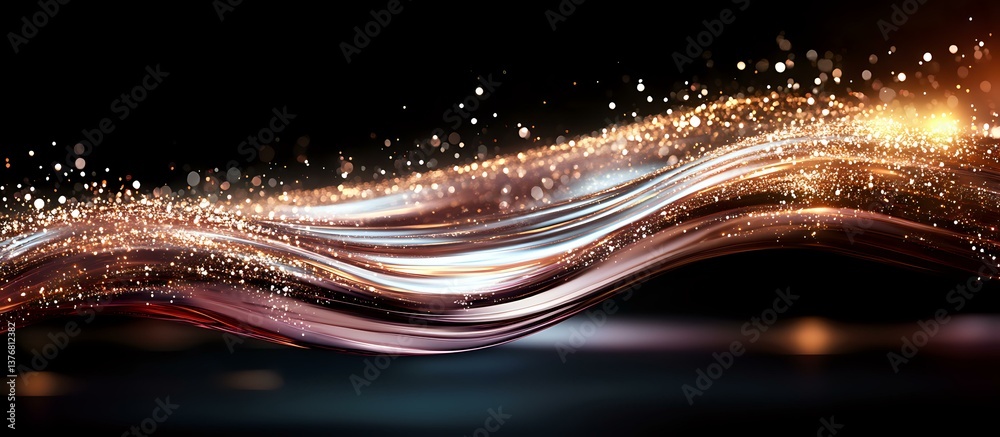 Poster glowing copper and white waves with sparkling particles flow across dark background creating dynamic