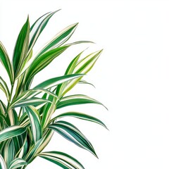 Fototapeta premium Vibrant green dracaena leaves with white stripes on white background.