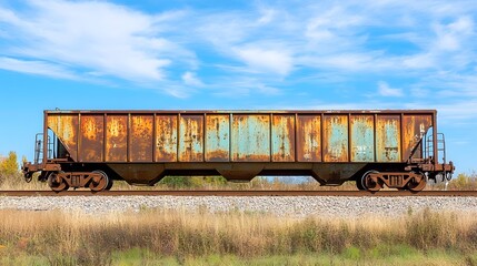 Obraz premium Deserted Train Car Rusting on Railway Tracks - Vintage Abandoned Transportation Vehicle