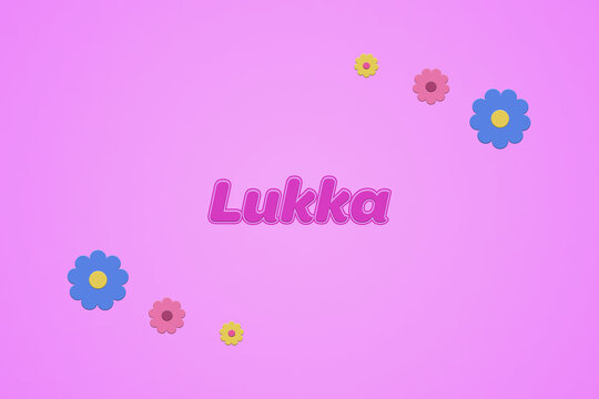 Lukka female girl name illustration in pink with blossoms, flowers