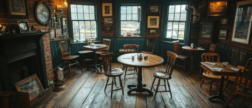 Rustic pub interior with wooden floors, tables, chairs, and vintage decor.  Multiple windows offer natural light